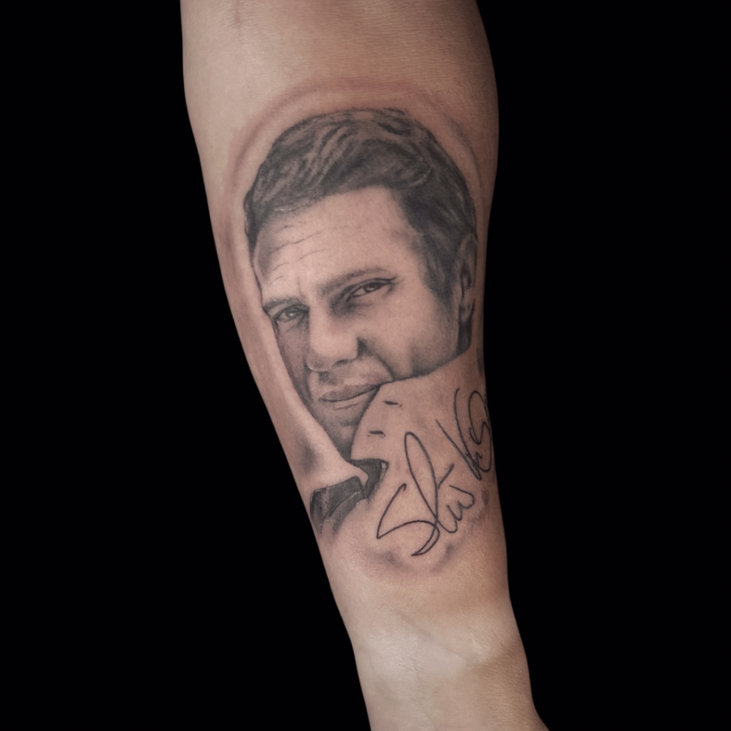 The Viper Pit, Irlam – black & grey Steve McQueen portrait. Popular with Salford, Trafford & Warrington clients.