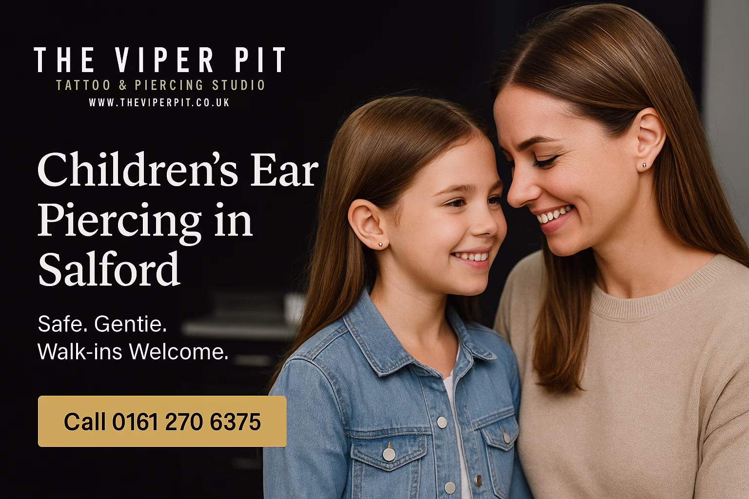Mother and daughter smiling after safe children's ear piercing at The Viper Pit in Salford, near Trafford Centre – professional walk-in studio for kids' piercings.