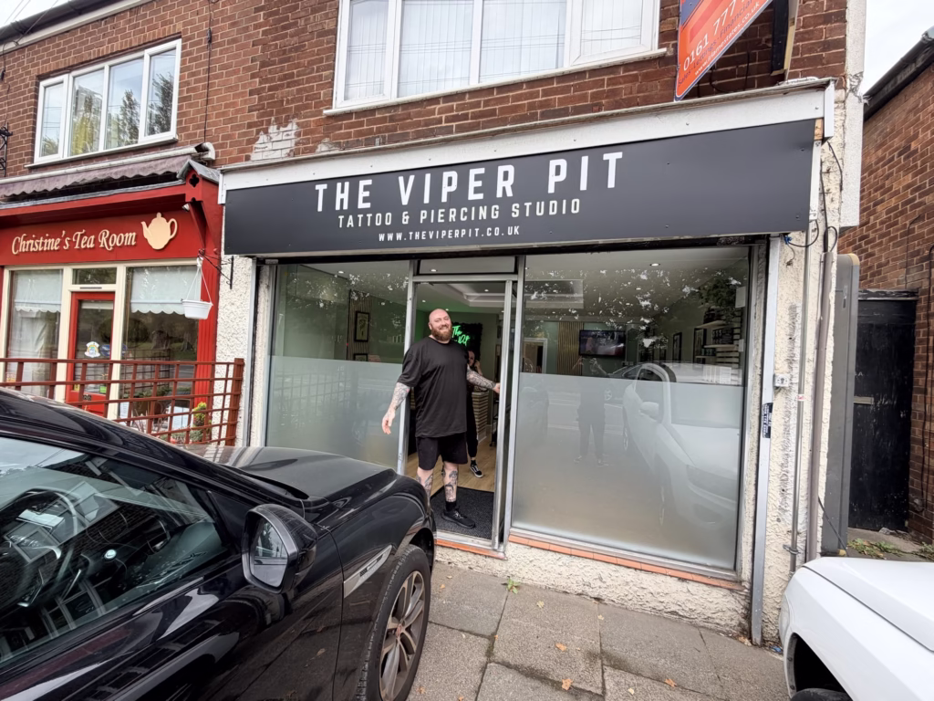 The Viper Pit Tattoo & Piercing Studio shopfront at 84 Liverpool Road, Irlam, Salford – officially licensed tattoo and piercing studio.