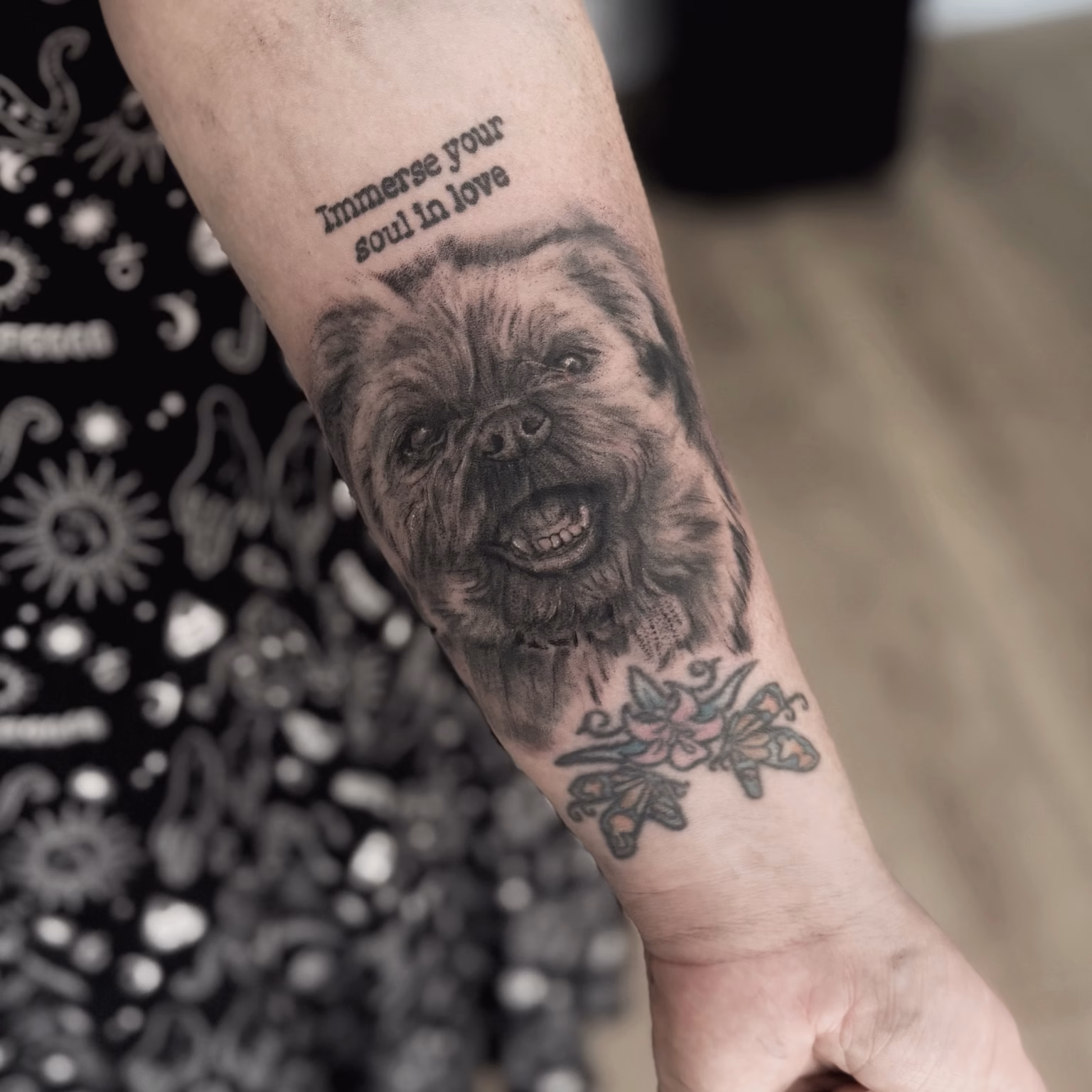 Tattoos & Piercings in Irlam, Manchester | The Viper Pit 2 Black and grey bulldog portrait tattoo on a forearm by Chris at The Viper Pit in Irlam